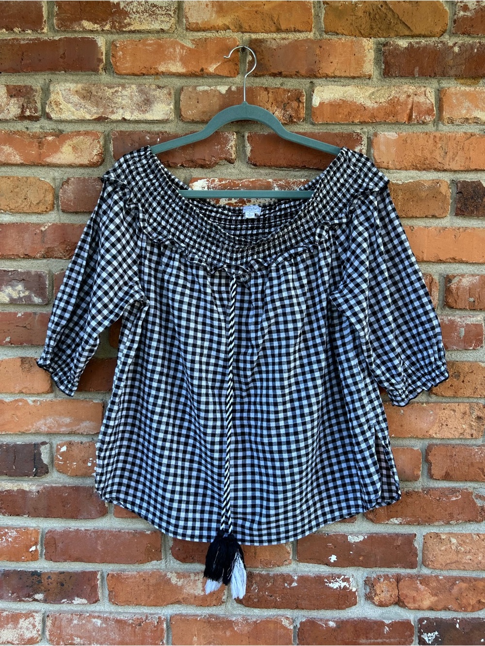 Mud Pie Black & White Gingham Off-Shoulder Peasant Top Tassels Large